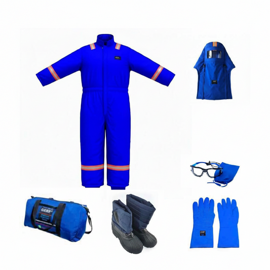 GERF® Kit de seguridad de traje criogénico impermeable | EPP de cuerpo completo | Gorro de buceo + Guantes certificados + Bolsa de transporte | -196 °C