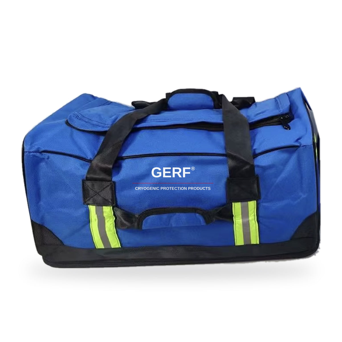 Blue GERF® cryogenic suit bag with black carry handles, reflective tape and zippered top pocket