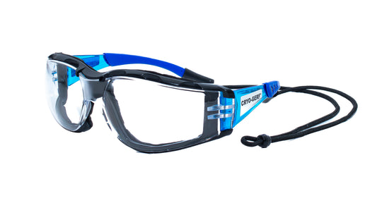 GERF® clear-lens safety glasses with blue and black frame and retention cord