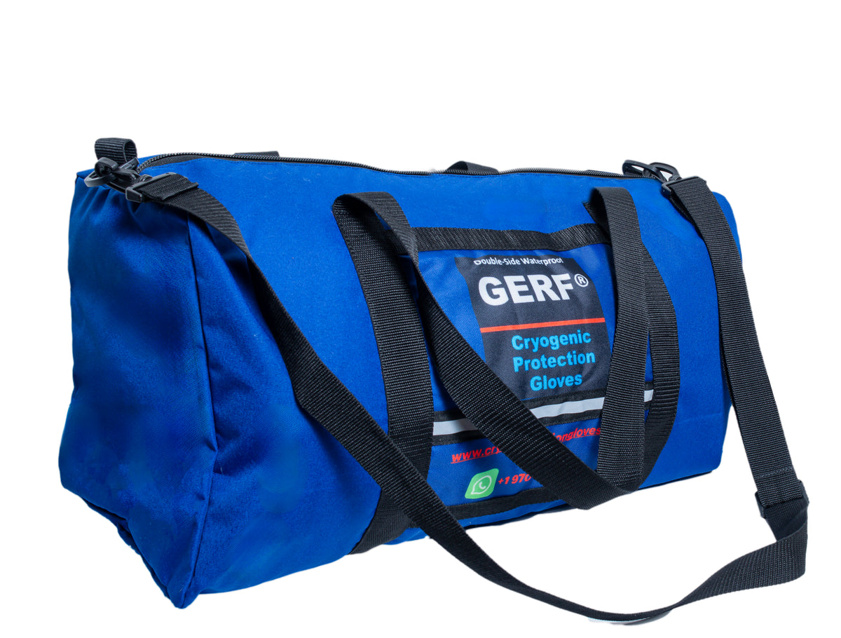 GERF® cryogenic PPE carry bag with black handles and shoulder strap, opposite angled view