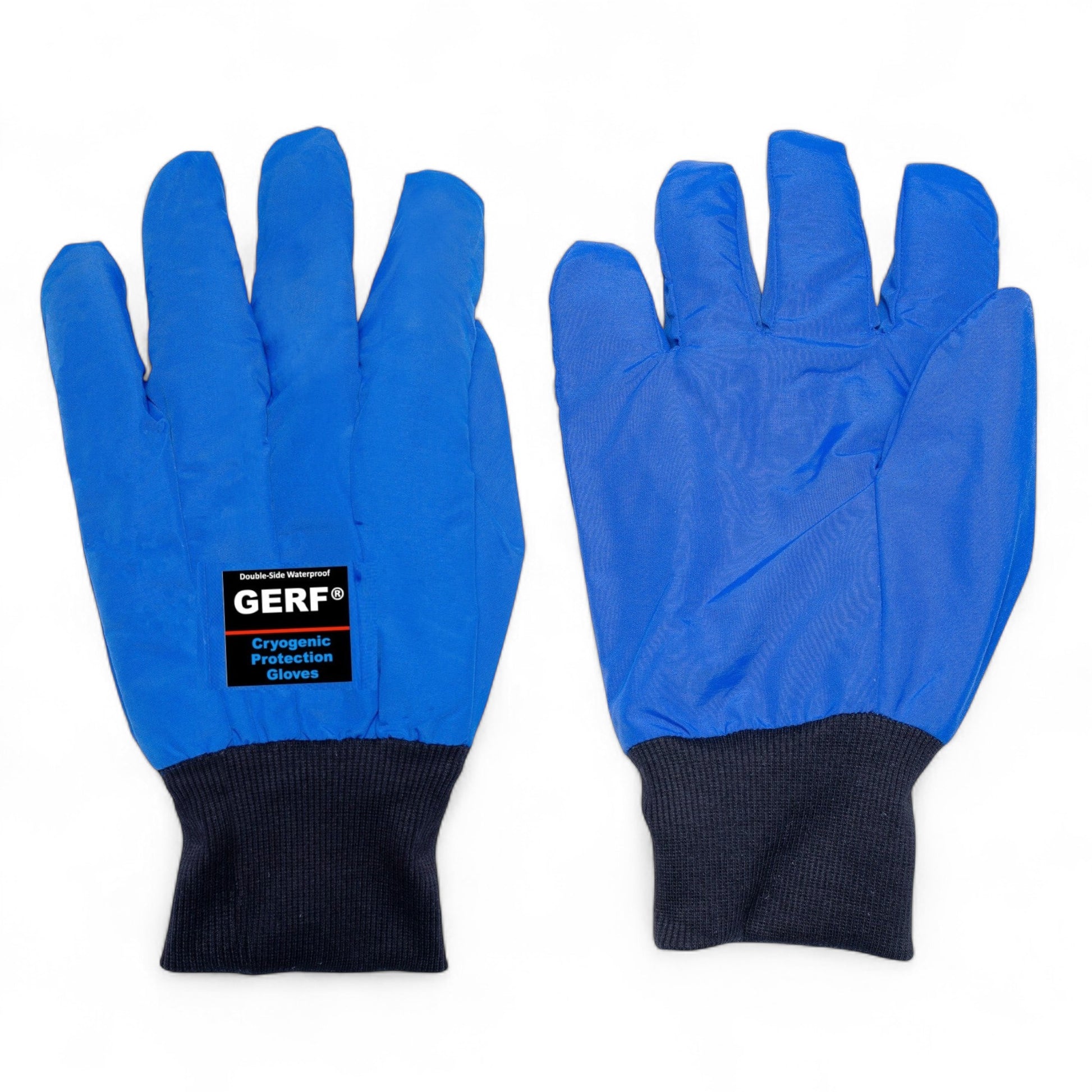 GERF® Certified Cryogenic Gloves azules, impermeables y de doble cara, con puños negros y refuerzos en los dedos para un agarre extra.