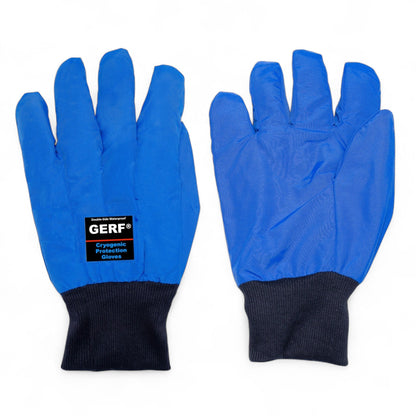 GERF® Certified Cryogenic Gloves azules, impermeables y de doble cara, con puños negros y refuerzos en los dedos para un agarre extra.