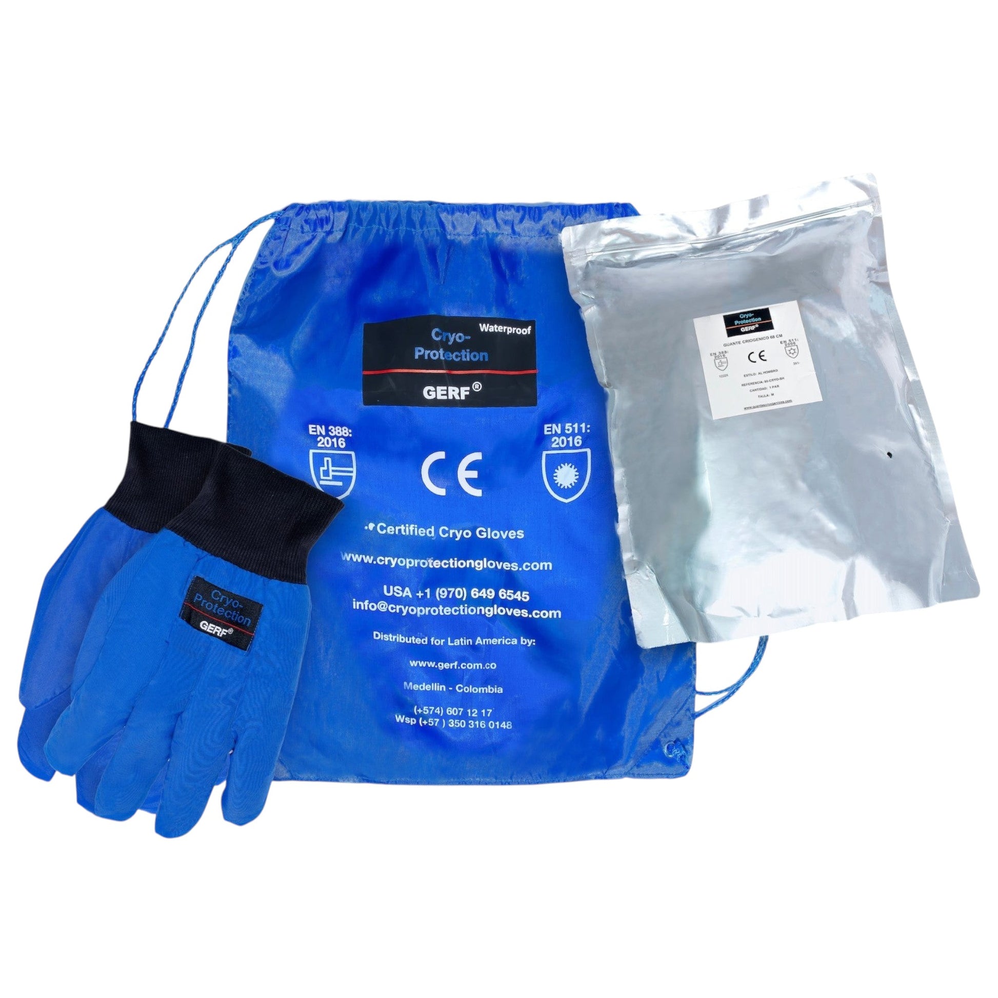 GERF® Certified Cryogenic Gloves azules, impermeables, con refuerzo en palma y pulgar, para protección térmica hasta -196°C.