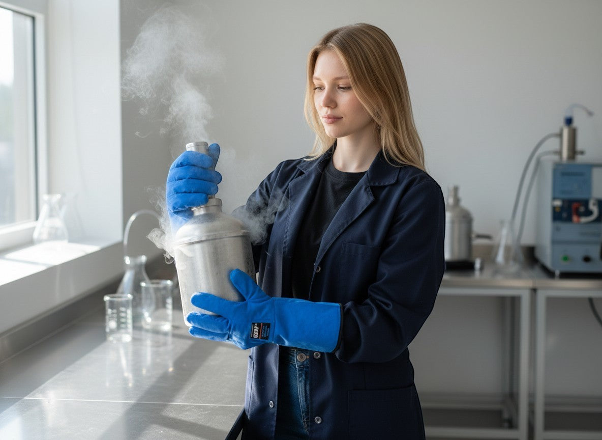 Mujer con guantes criogénicos GERF® azules de muñeca, sujetando un recipiente de nitrógeno líquido humeante en un laboratorio.
