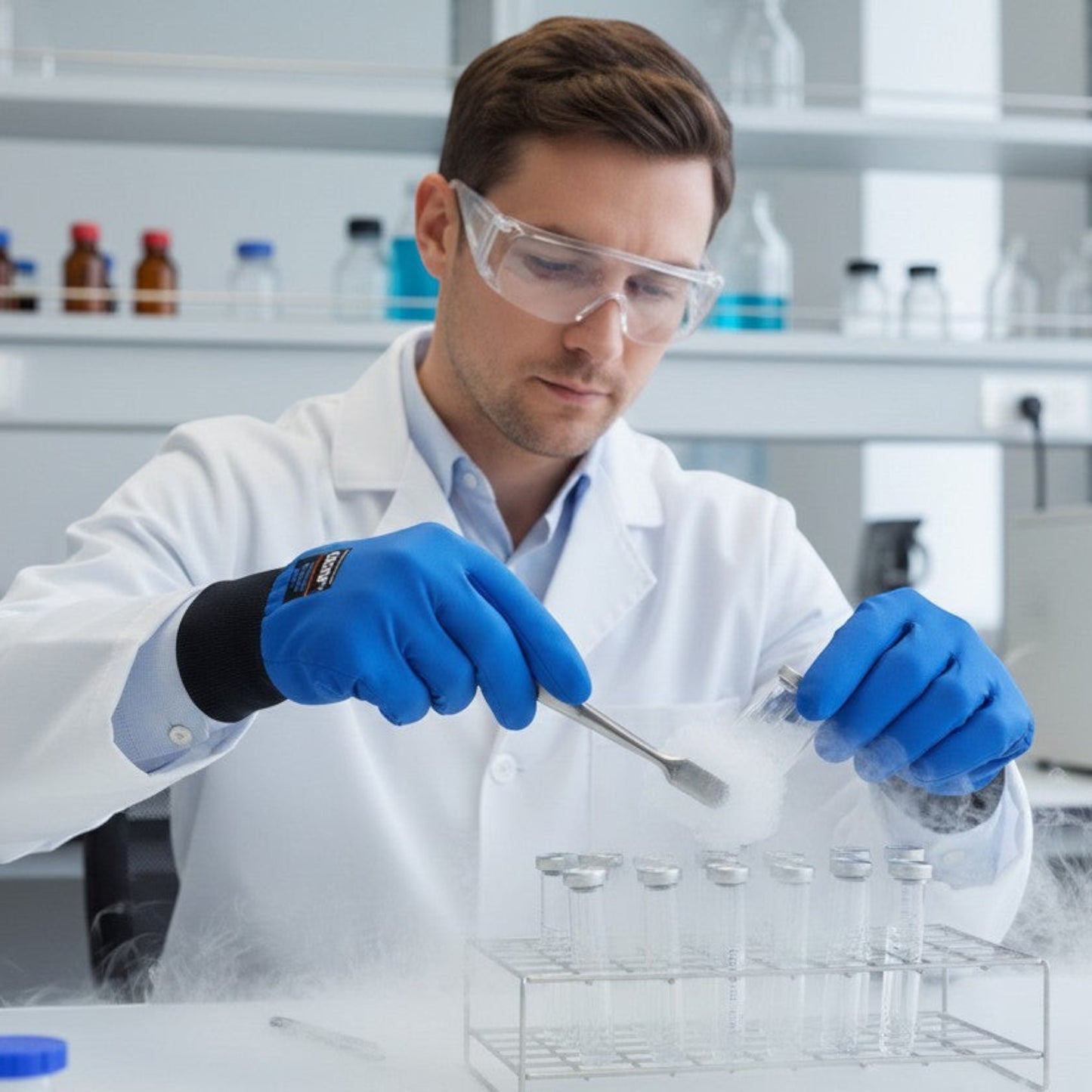 GERF® Certified Cryogenic Gloves azules de muñeca, impermeables y con agarre para protección contra líquidos criogénicos y temperaturas ultra bajas.