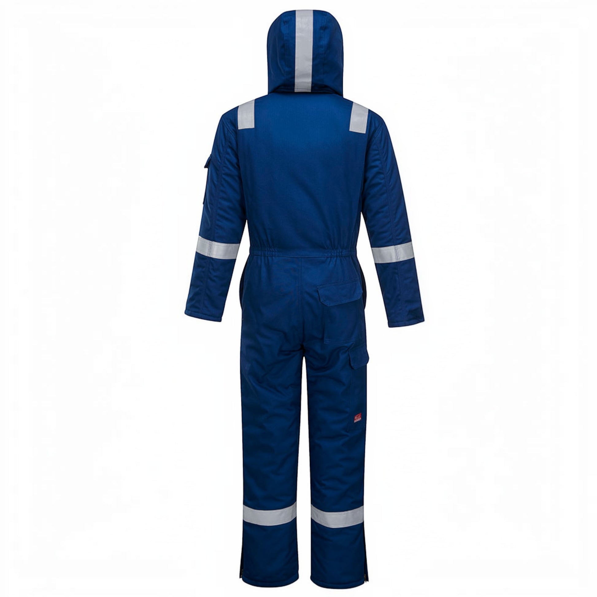GERF® Certified Cryogenic Gloves mono azul con capucha, bolsillos y detalles reflectantes para protección industrial y offshore.