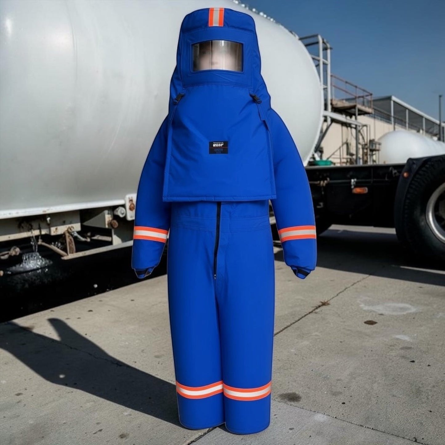 GERF® Certified Cryogenic Gloves traje azul impermeable con capucha y detalles reflectantes naranjas, para entornos de ultrafrío.