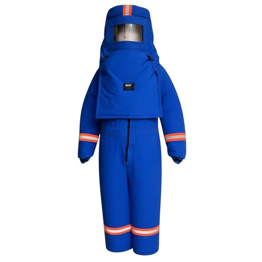GERF® Certified Cryogenic Gloves traje azul impermeable con capucha y detalles reflectantes naranjas para entornos de ultrafrío.