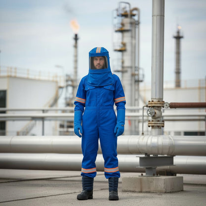 GERF® Certified Cryogenic Gloves traje azul impermeable con capucha y guantes para entornos de ultrafrío.