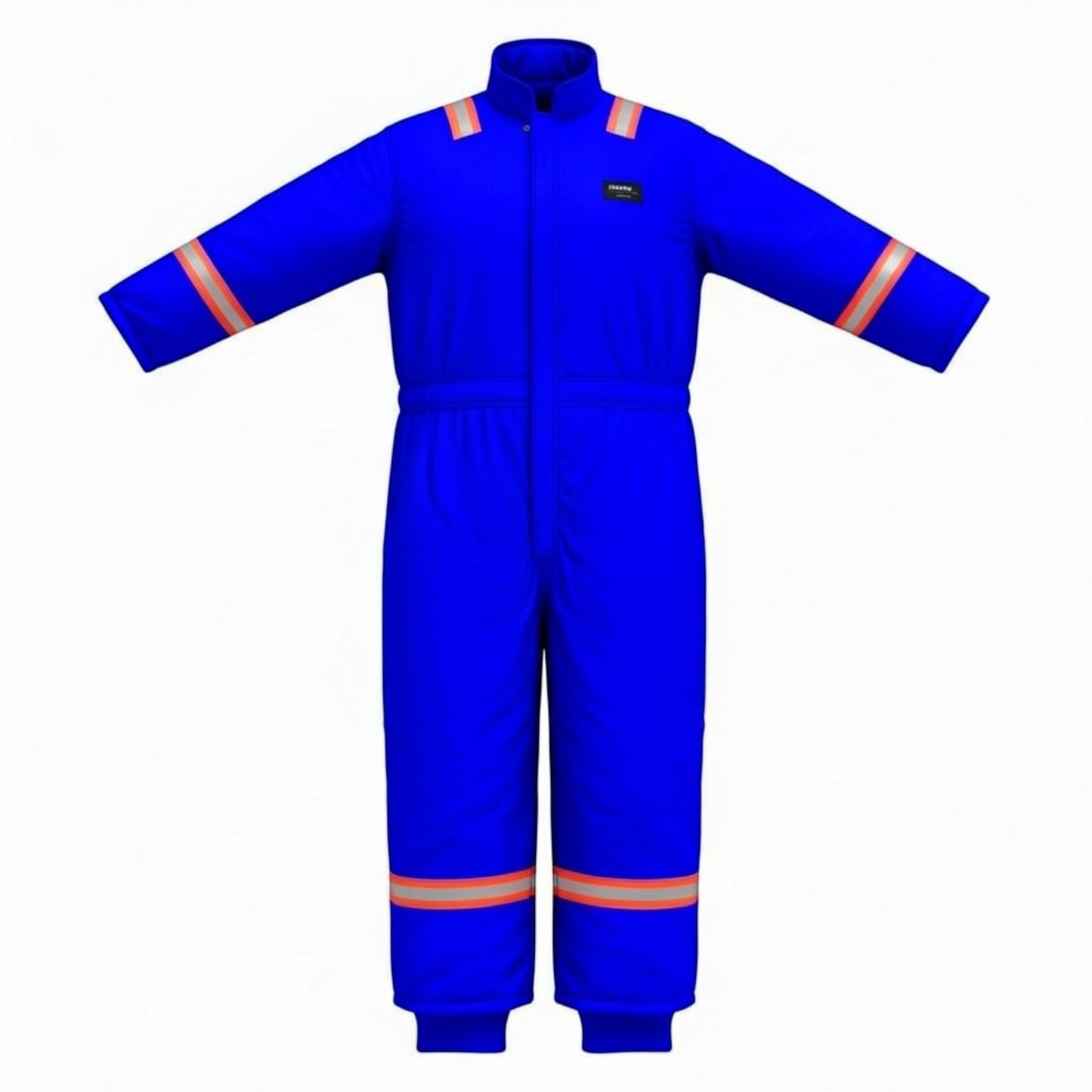 GERF® Certified Cryogenic Gloves traje azul impermeable con bandas reflectantes naranjas en mangas y piernas, ideal para entornos de ultrafrío.