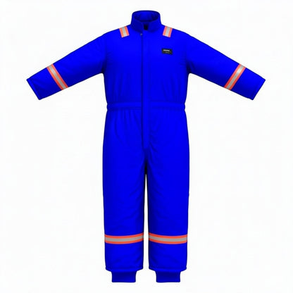 GERF® Certified Cryogenic Gloves traje azul impermeable con bandas reflectantes naranjas en mangas y piernas, ideal para entornos de ultrafrío.