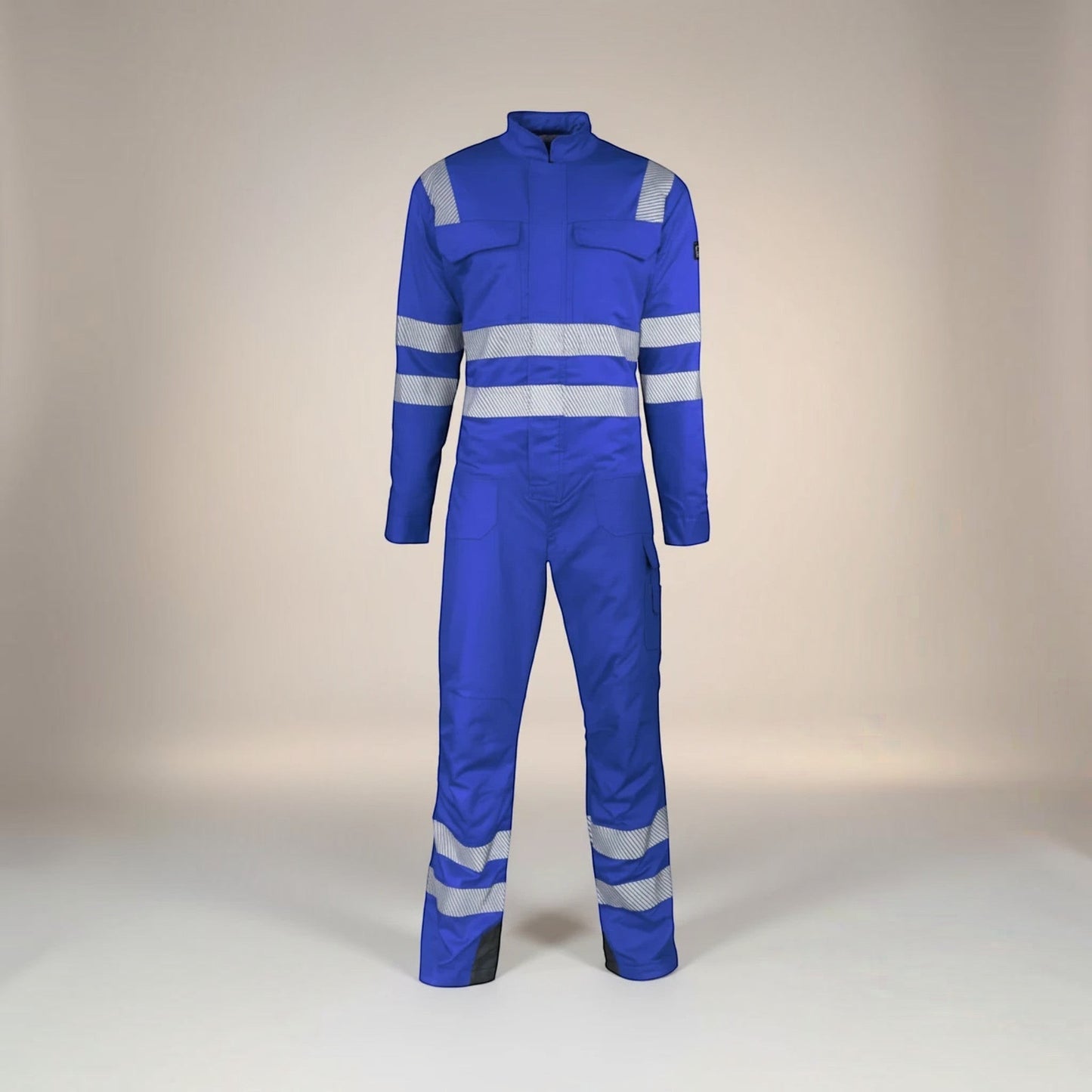 GERF® Flame-resistant royal blue coverall with reflective zebra tape on arms, torso, and legs. Made of 88% Cotton, 10% Nylon, 2% Antistatic fabric.