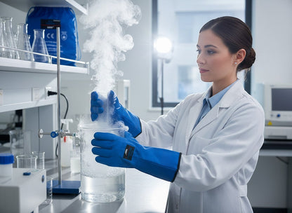Mujer con guantes criogénicos GERF® azules de doble impermeabilidad, manipulando un recipiente con nitrógeno líquido en un laboratorio.