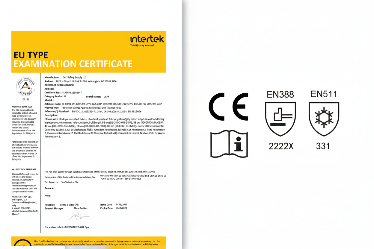 Intertek EU Type Certificate and CE EN388 2222X EN511 331 Certification Pictograms - GERF Extra Grip Cryogenic Gloves